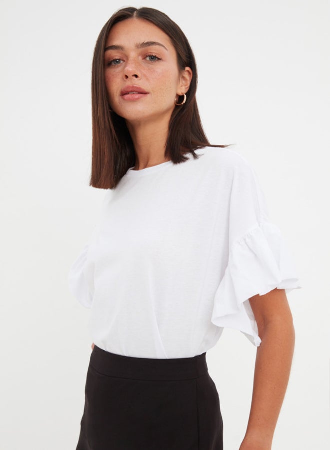 trendyol White 100% Cotton Ruffle Detailed Basic Crew Neck Knitted T-Shirt TWOSS22TS2429 - Image 2