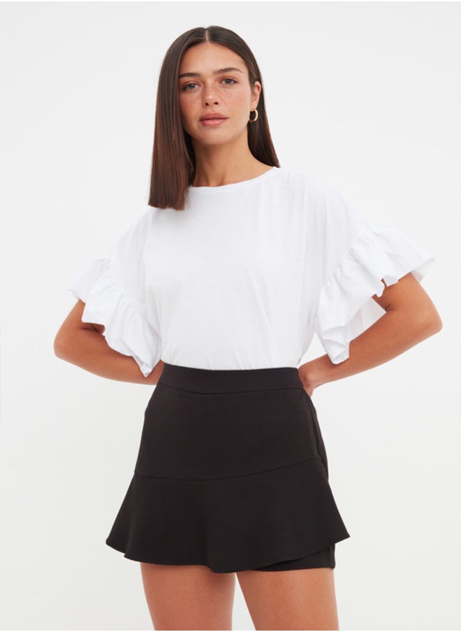 trendyol - White 100% Cotton Ruffle Detailed Basic Crew Neck Knitted T-Shirt TWOSS22TS2429 - Image 1