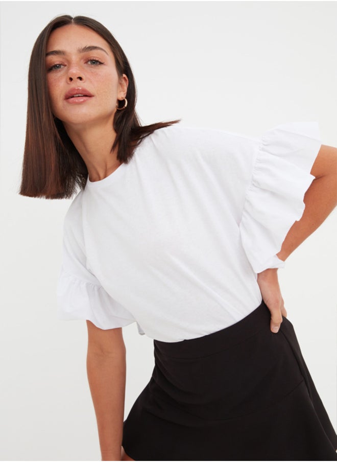 trendyol - White 100% Cotton Ruffle Detailed Basic Crew Neck Knitted T-Shirt TWOSS22TS2429 - Image 1