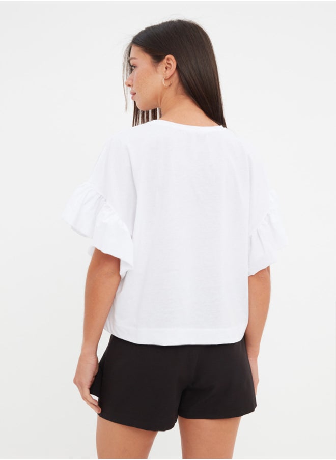 trendyol - White 100% Cotton Ruffle Detailed Basic Crew Neck Knitted T-Shirt TWOSS22TS2429 - Image 1