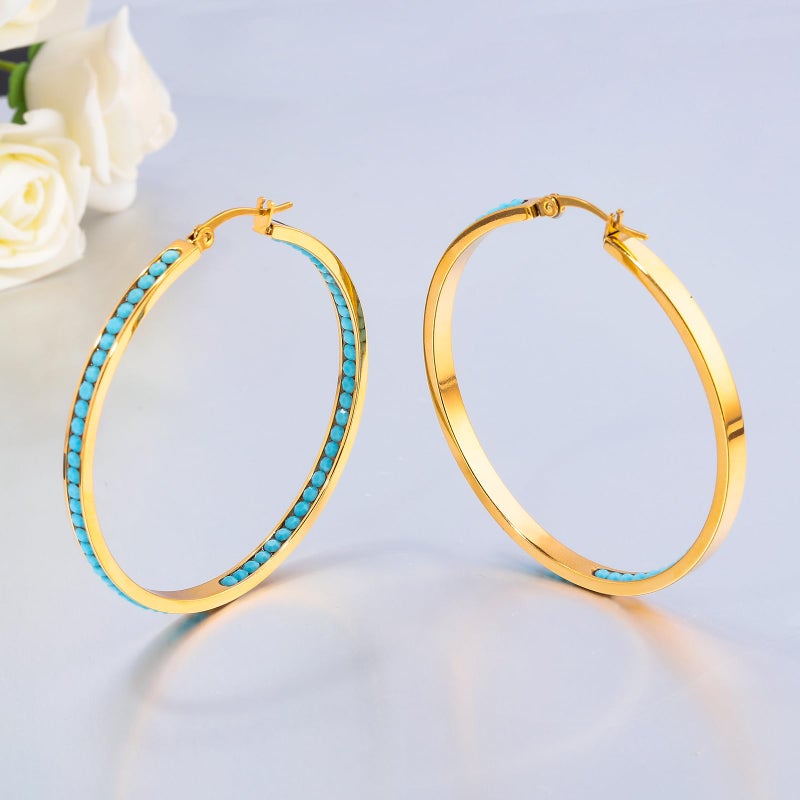 CiNily Large Hoop Earrings for Women Hypoallergenic,Stainless Steel Turquoise Big Hoop Earring Large Rhinestone Hoops Hoop Earrings Jewelry Gift 2" - Image 4