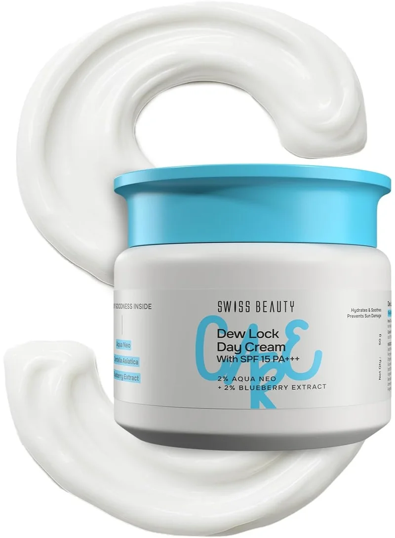 Swiss Beauty Care Dew Lock Day Cream | With SPF 15+++ | 2% Aqua Neo & 1% Centella Asiatica | Hydrates & Soothes | Prevents Sun Damage | 50gm