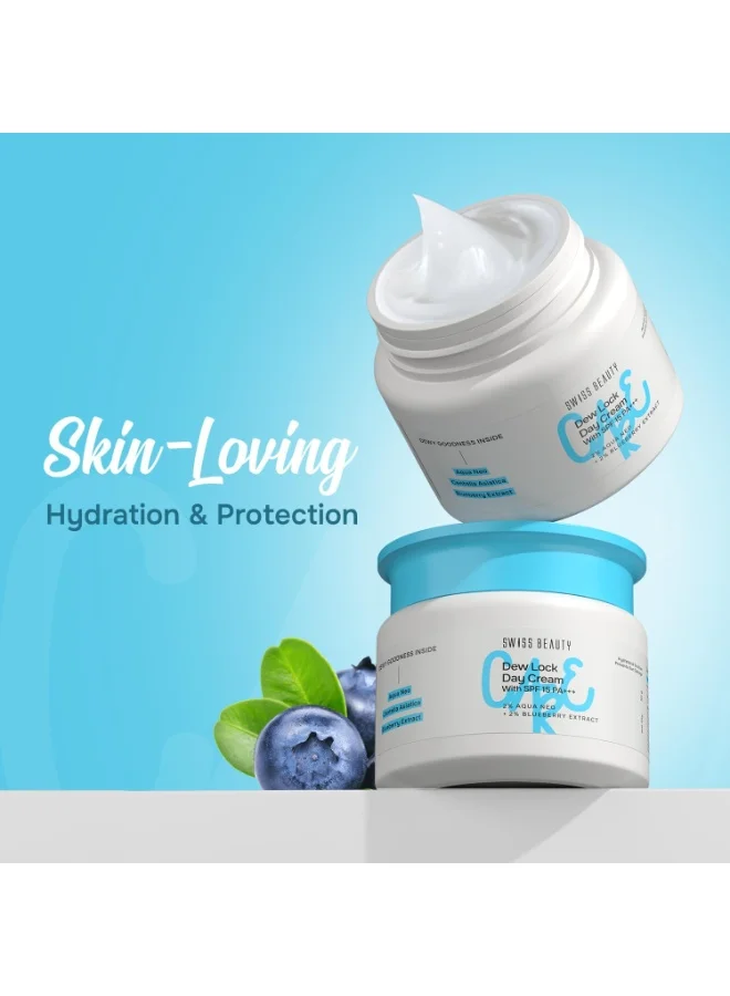 سويس بيوتي Swiss Beauty Care Dew Lock Day Cream | With SPF 15+++ | 2% Aqua Neo & 1% Centella Asiatica | Hydrates & Soothes | Prevents Sun Damage | 50gm