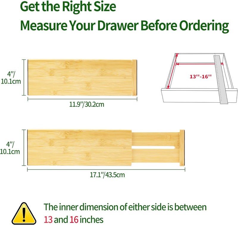VaeFae 3 Pack Bamboo Drawer Dividers, 4" High Adjustable 11.9-17.1" Clothes Drawer Organizers, Expandable Separators for Bedroom/Bathroom/Kitchen/Office Storage - Image 3