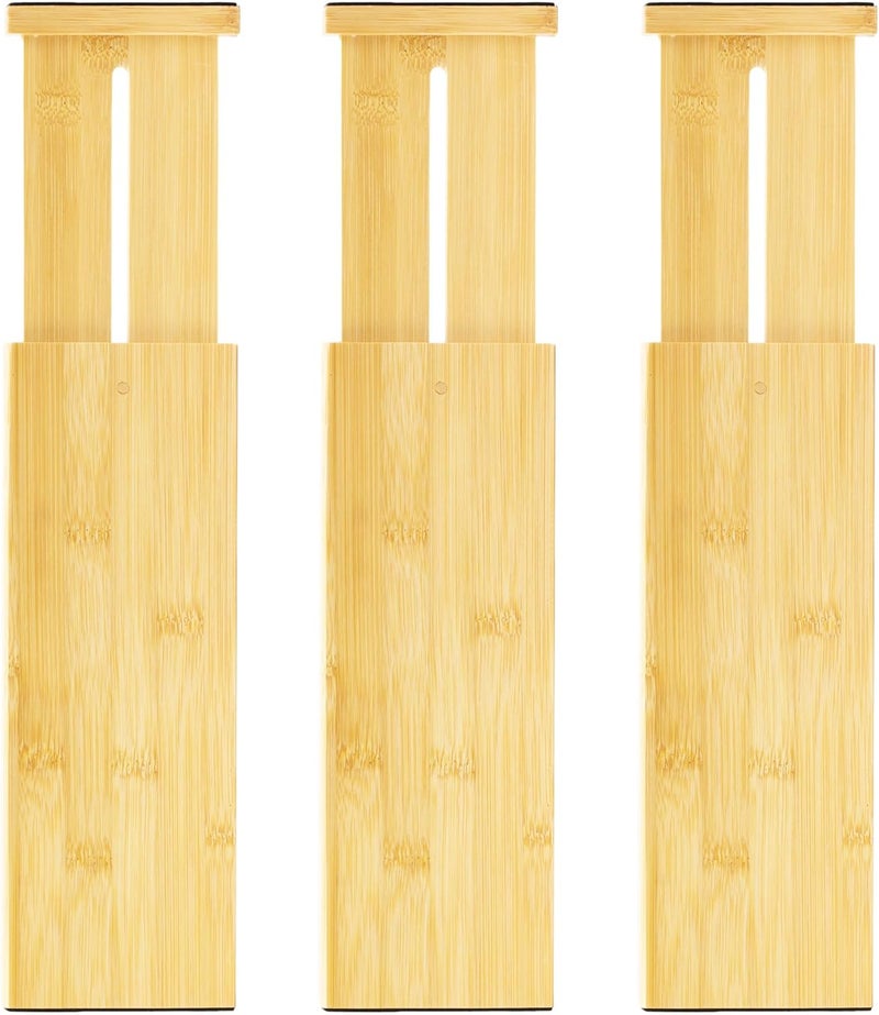 VaeFae 3 Pack Bamboo Drawer Dividers, 4" High Adjustable 11.9-17.1" Clothes Drawer Organizers, Expandable Separators for Bedroom/Bathroom/Kitchen/Office Storage - Image 1