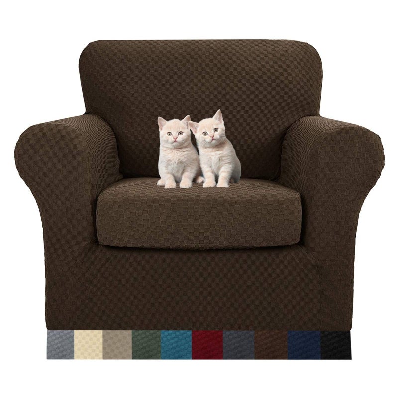 MAXIJIN 2 Piece Jacquard Chair Covers with Arms Super Stretch Non Slip Chair Slipcover for Living Room Dogs Pet Friendly Elastic Sofa Couch Protector Armchair Cover Chair Dark Coffee