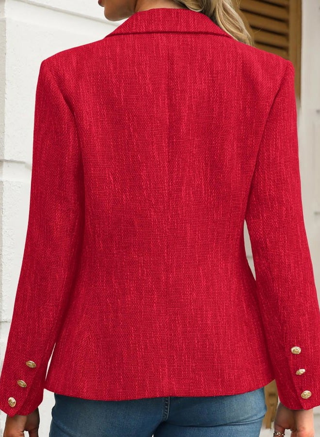 ELLEVEN Women's Tweed Blazers Business Casual - Long Sleeve Double Breasted Jackets Open Front Work Suits, Vivid Red, S - Image 2