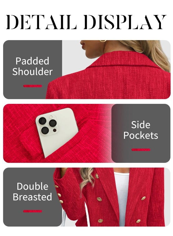 ELLEVEN Women's Tweed Blazers Business Casual - Long Sleeve Double Breasted Jackets Open Front Work Suits, Vivid Red, S - Image 5