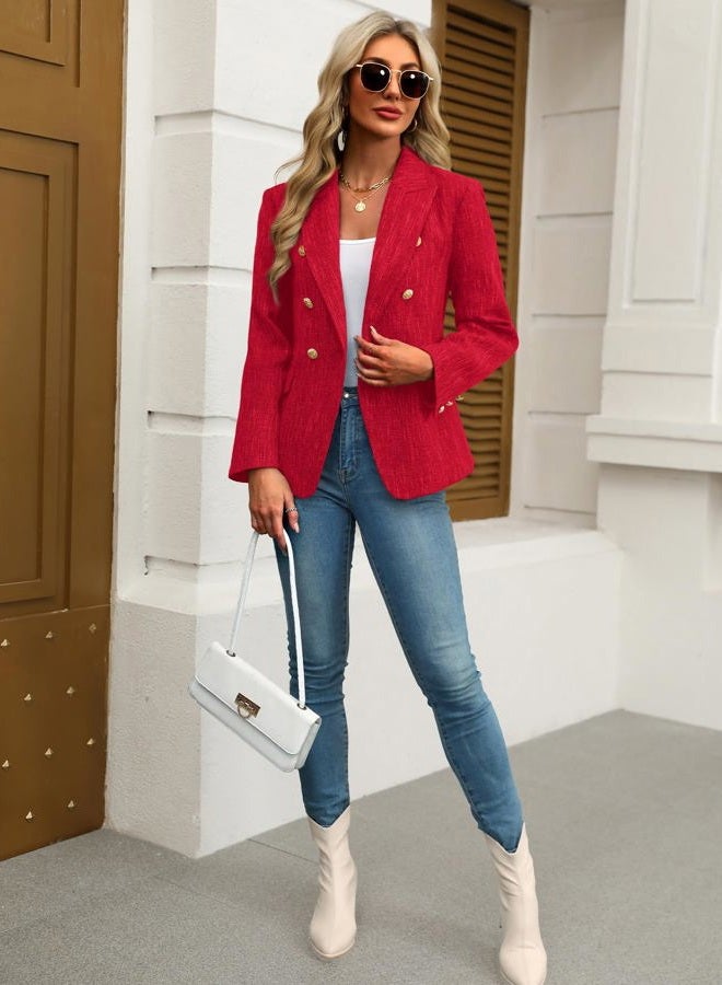 ELLEVEN Women's Tweed Blazers Business Casual - Long Sleeve Double Breasted Jackets Open Front Work Suits, Vivid Red, S - Image 4
