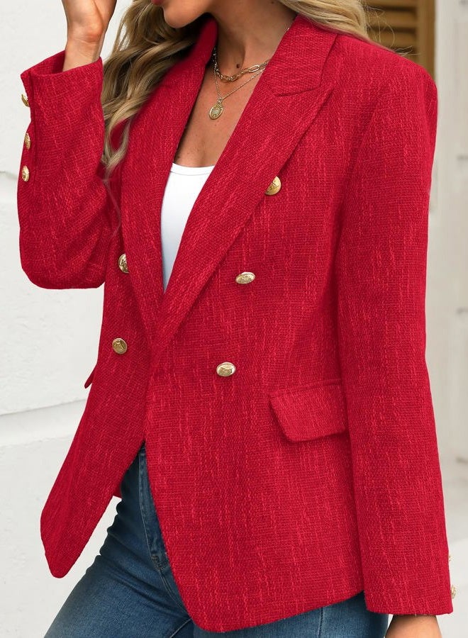 ELLEVEN Women's Tweed Blazers Business Casual - Long Sleeve Double Breasted Jackets Open Front Work Suits, Vivid Red, S - Image 3