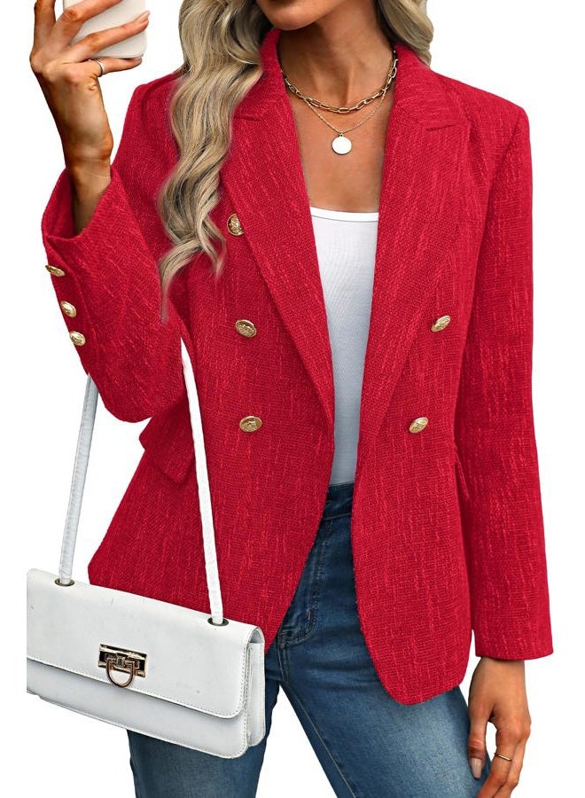 ELLEVEN Women's Tweed Blazers Business Casual - Long Sleeve Double Breasted Jackets Open Front Work Suits, Vivid Red, S - Image 1