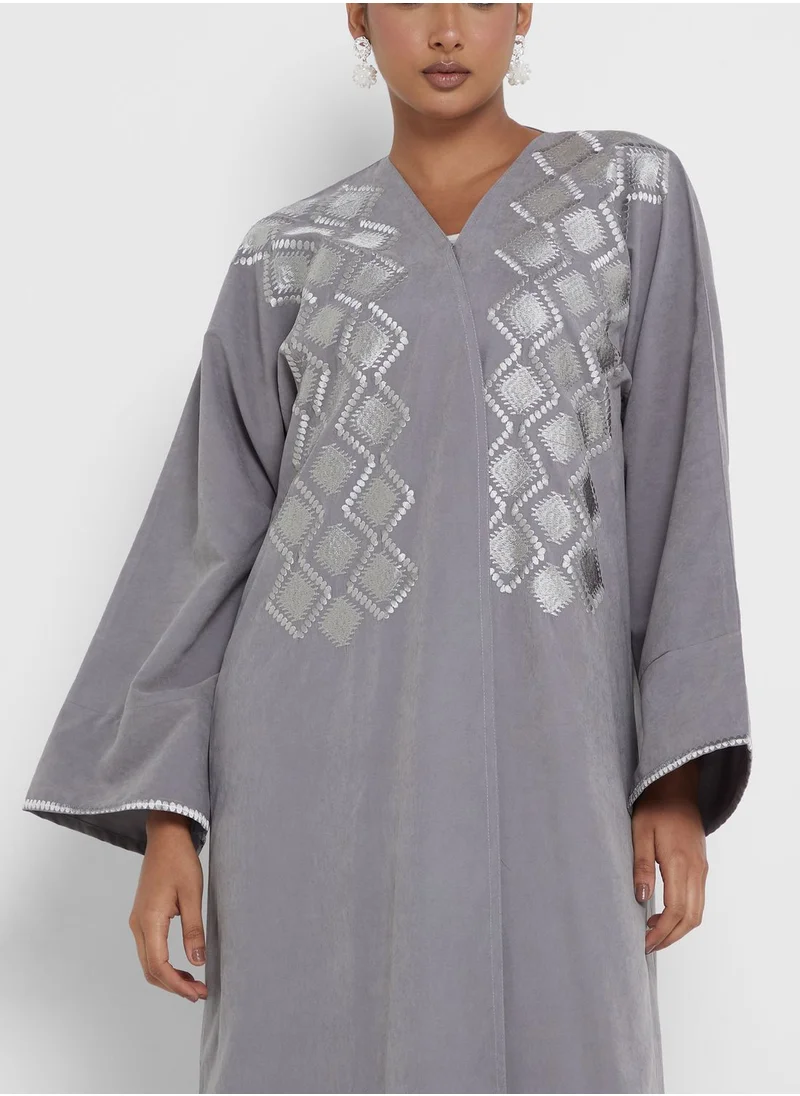 hayas closet Embroidered V- Neck Open Abaya