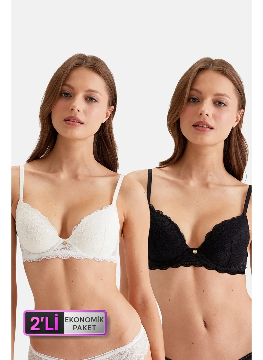 بيير كاردان 2-Piece Economic Pack Black-Ecru 4731001-2 Rome Underwire Soft Push Up Lace Bra Set
