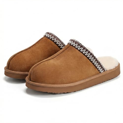 OOW Fuzzy Slippers for Women Cozy House Shoes Winter Warm Memory Foam Slipper for Indoor and Outdoor Faux Fur Mules Cute Fluffy Clogs Chestnut Size 8.5 - Image 1