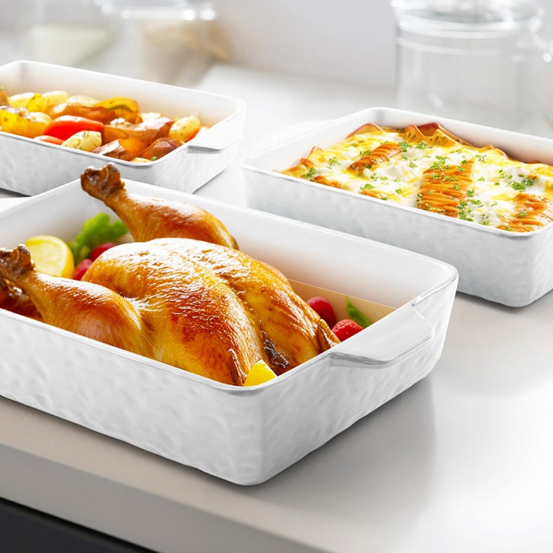 Krokori Casserole Dishes for Oven, Ceramic Baking Dishes, Lasagna Pan with Handles, Porcelain Baking Pan Deep, Bakeware for Baking, Cooking, Wedding Gift, Set of 3 (11.6" x 7.8", White) - Image 2