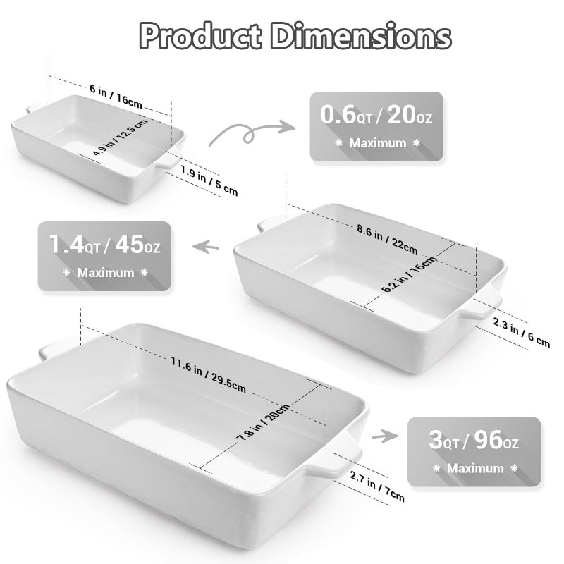 Krokori Casserole Dishes for Oven, Ceramic Baking Dishes, Lasagna Pan with Handles, Porcelain Baking Pan Deep, Bakeware for Baking, Cooking, Wedding Gift, Set of 3 (11.6" x 7.8", White) - Image 3