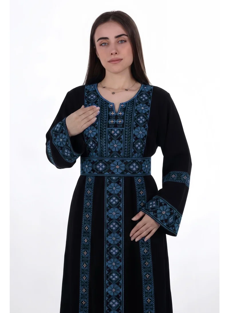 Al Bent Al Sharqieh Black With Petrol Blue Embroidery women embroidered jalabiya dress for Women | Best Price UAE