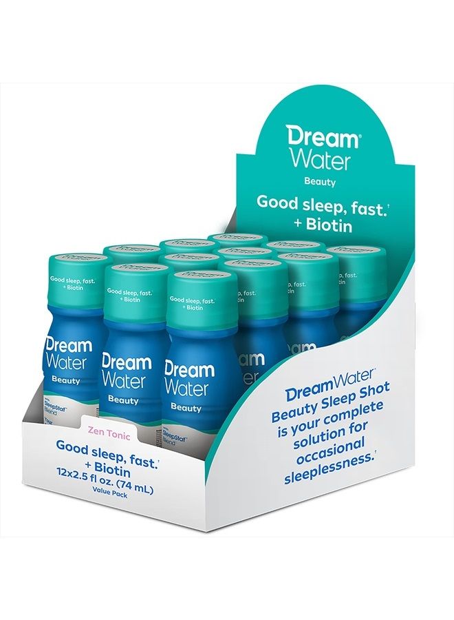 Dream Water Beauty Sleep Aid Drink Supplement; Melatonin 5mg, GABA, 5-HTP, plus Biotin for healthy skin, hair and nails; 2.5 oz liquid sleep shots, Zen Tonic 12-Count - Image 1