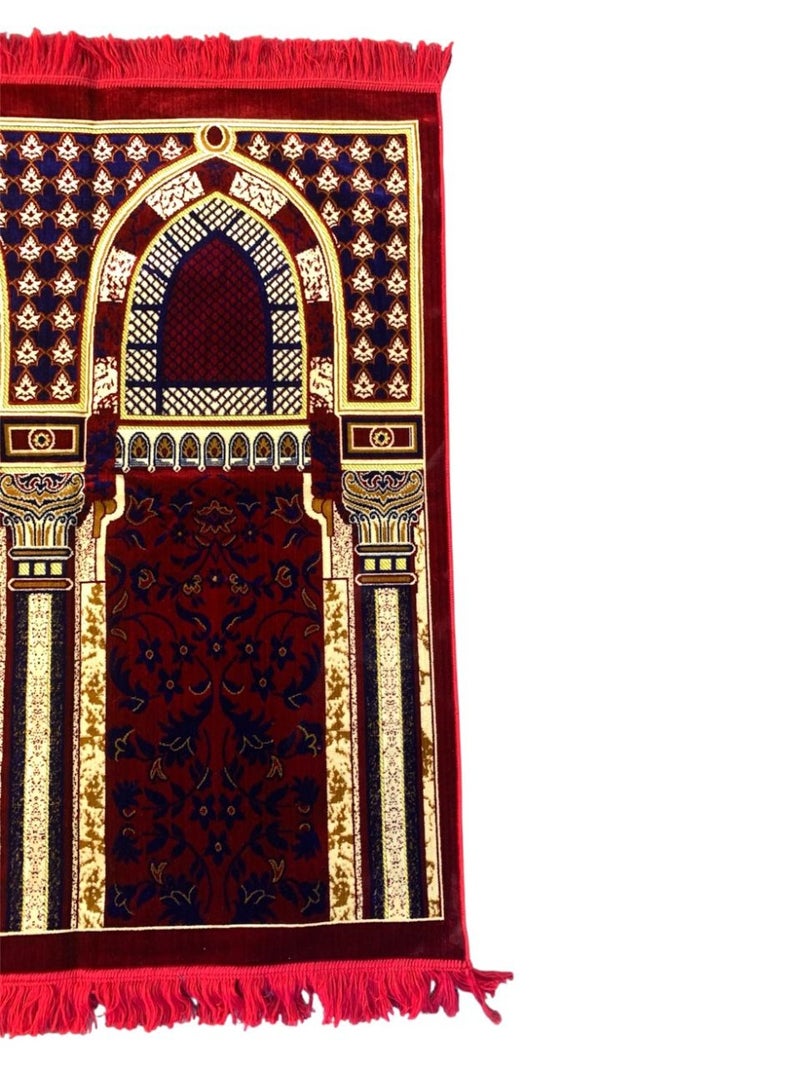 سجادة صلاة إسلامية عائلية لأربعة أشخاص، مخملية بتصميم مزخرف ونقوش هندسية، أحمر - Image 2
