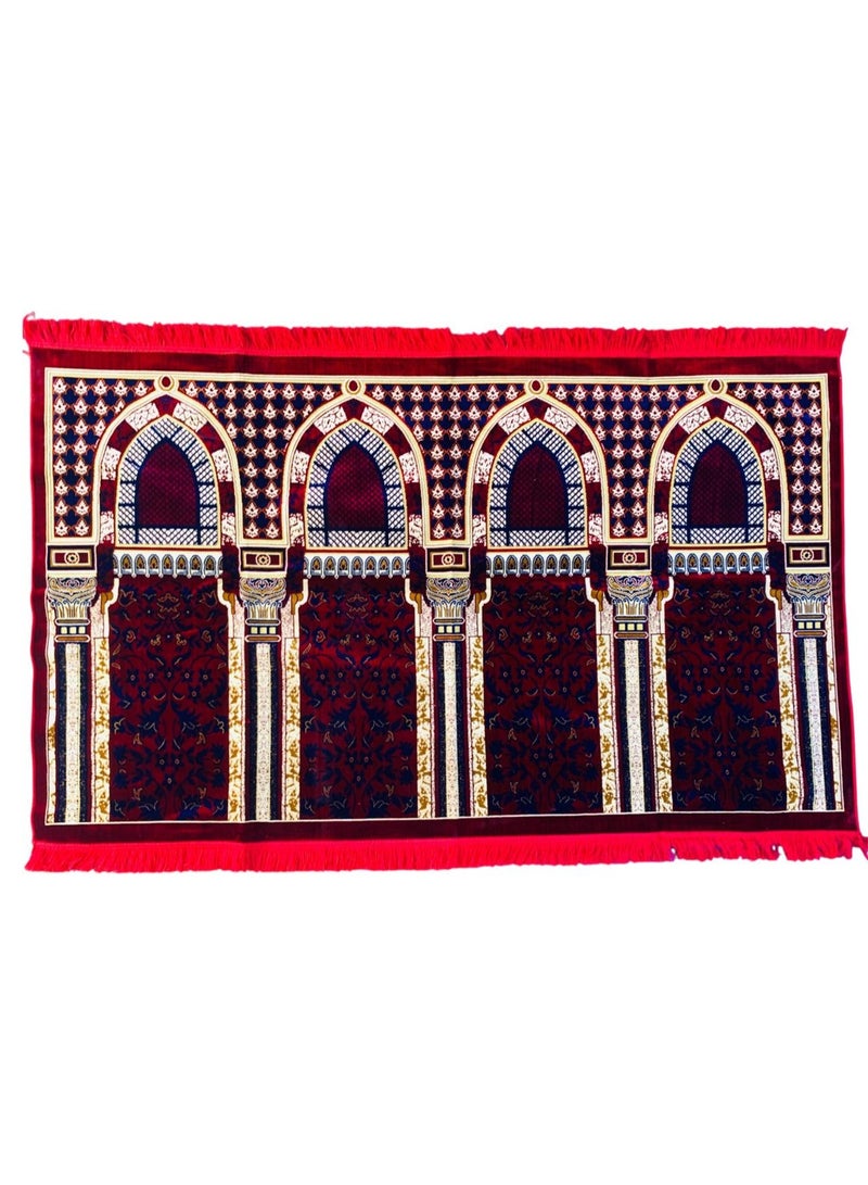 سجادة صلاة إسلامية عائلية لأربعة أشخاص، مخملية بتصميم مزخرف ونقوش هندسية، أحمر - Image 5