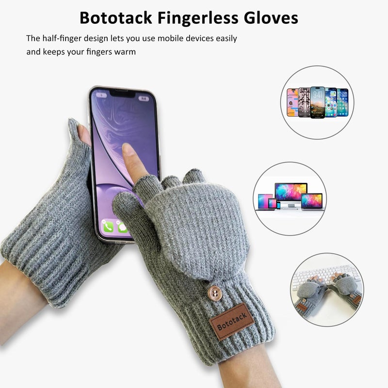 Bototack Winter Fingerless Gloves Warm Thermal Knitted Convertible Mittens Flap Cover for Women Men Typing Driving Working (Grey) - Image 2