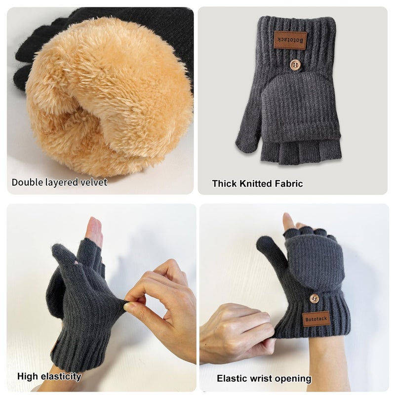 Bototack Winter Fingerless Gloves Warm Thermal Knitted Convertible Mittens Flap Cover for Women Men Typing Driving Working (Grey) - Image 5