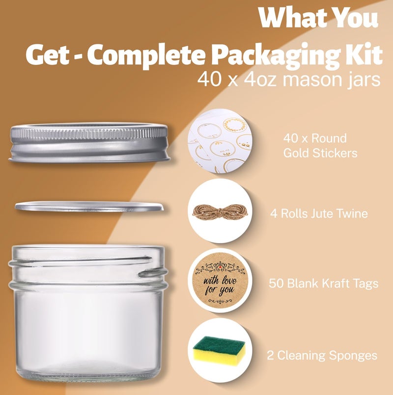 STARSIDE 4 oz Glass Mason Jars with Airtight Silver Lids and Bands, 40-Pack with Stickers,Tags & Twines, Mini Canning Jars for Jams, Honey, Spices, Dried Snacks, DIY Crafts, Wedding Favors - Image 4