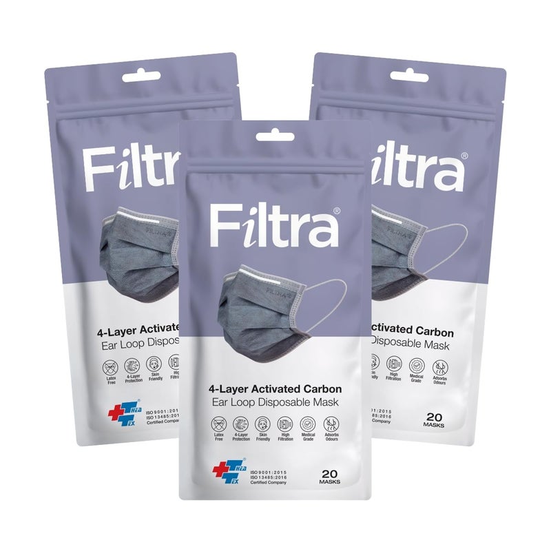 Filtra ® 4-Ply Ear Loop Activated Carbon Mask - High Filtration | Breathable | Adsorbs Smells | Hypoallergenic | Fluid Repellent | Improved & Enhanced Courier Packing - Image 1