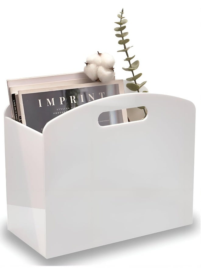 TPGP White Magazine Holder - Acrylic Magazine Rack Floor, Newspaper Stand with handles, Modern Lucite Magazine and Book Basket Box for Bathroom, Bedroom, Living Room - Image 1