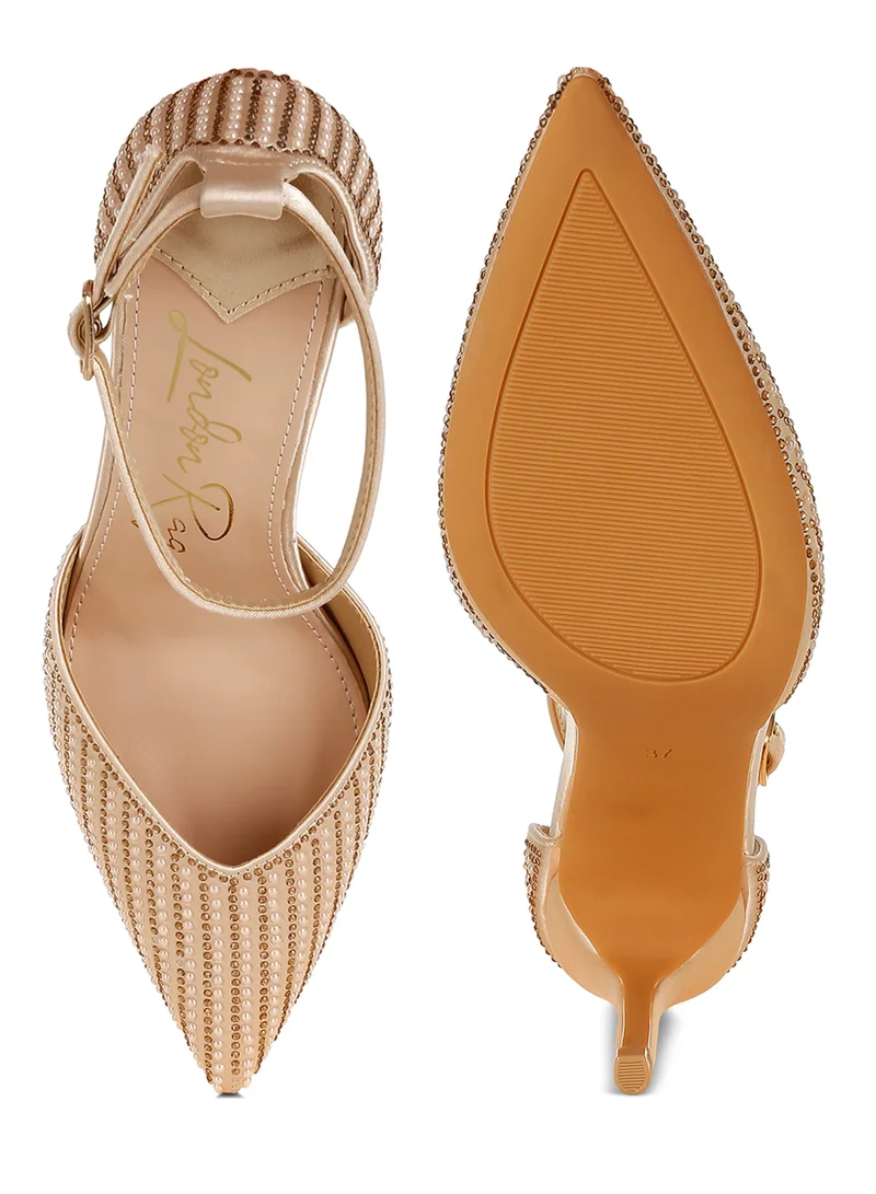 London Rag Pearls & Sequins Embellished Stiletto Sandals in Gold