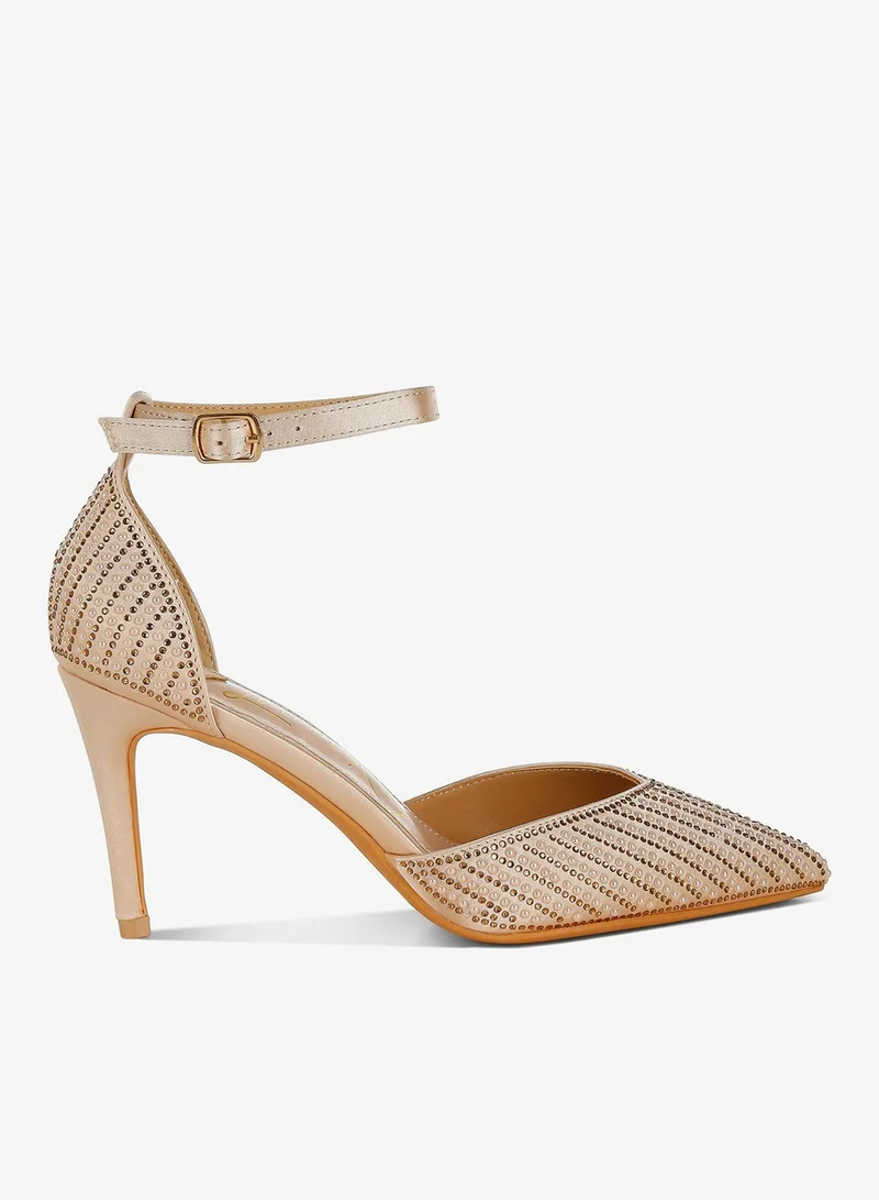 Pearls & Sequins Embellished Stiletto Sandals in Gold