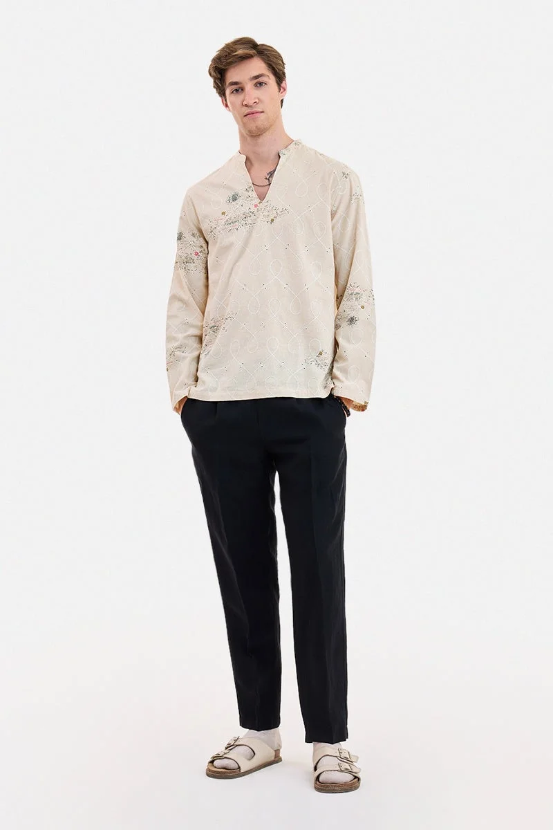 SNITCH Cream Embroidered Long Sleeve Regular Fit Shirt