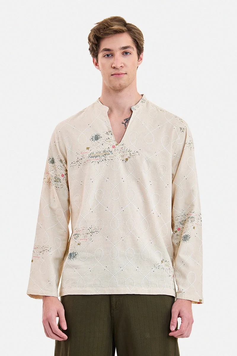 SNITCH Cream Embroidered Long Sleeve Regular Fit Shirt