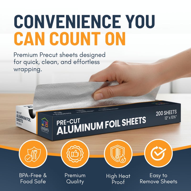 Linda's Essentials Pre-Cut Aluminum Foil Sheets 200 Count - Foil Sheets For Food, 12â€ x 10.75â€, Easy Dispense Packaging, Premium Pop Up Aluminum Sheet, Tin Foils Sheet for Cooking, Grilling & Storage - Image 2
