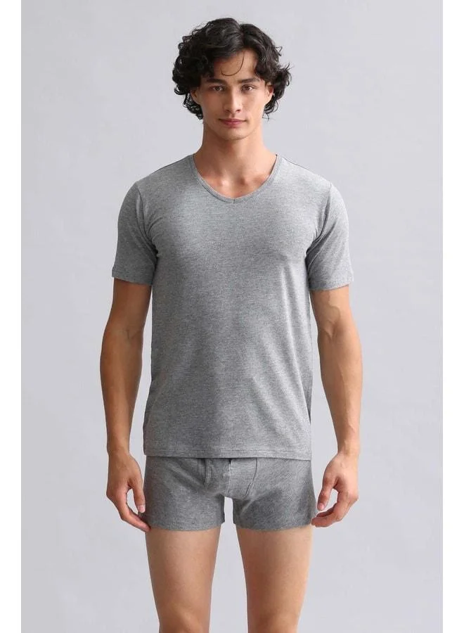 Aytuğ Corn Modal by TENCEL HERCULES Slim Fit V-Neck Fanila / Grey Mélange T-Shirt.