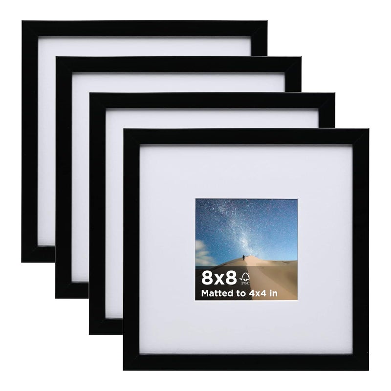 KINLINK 8x8 Picture Frame Black Set of 4 Wooden Square Photo Frames Matted 4x4 with Plexiglass for 4x4 with Mat or 8x8 without Mat for Table and Wall Display