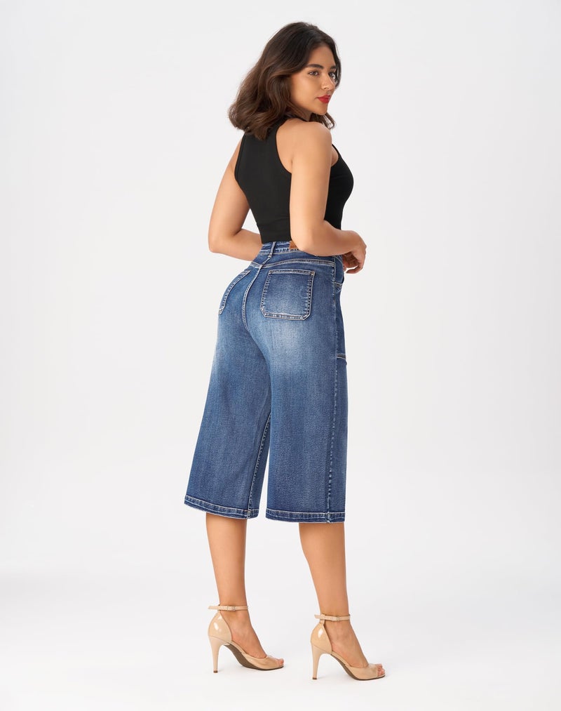 roswear Womenâ€™s Wide Leg Capri Pants Stretchy High Waisted Loose Denim Jeans Blue Medium - Image 3