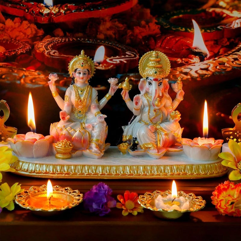alikiki Ganesha Laxmi Statue Indian God - 5.3”H Marble Finish Indian Idol Lakshmi Ganesh Statue w/LED Diyas Diwali Gifts Diwali Decor Home Office Puja Item Hindu Altar Mandir Temple Pooja Murti - Image 1