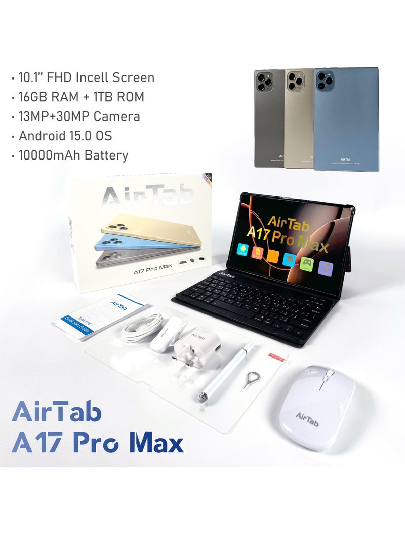 AirTab 10.1-Inch Smart Tablet A17 PRO MAX Android 13 Tablet With 1TB Storage and 16GB RAM Quad Core Wi-Fi LTE Dual Sim with Touch Pen and Keyboard - SILVER  - Image 1