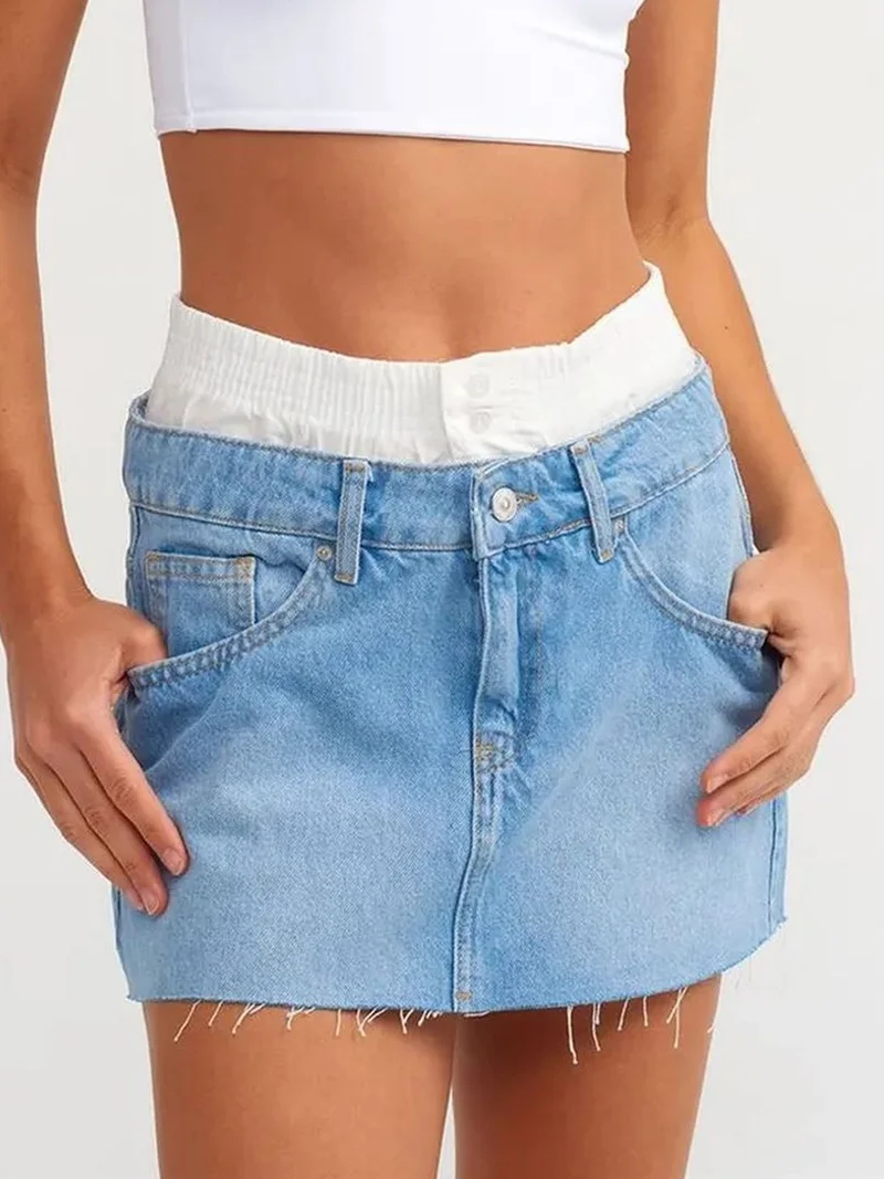 ديلفين DILVIN Mid-Waist Destroyed Denim Mini Skirt