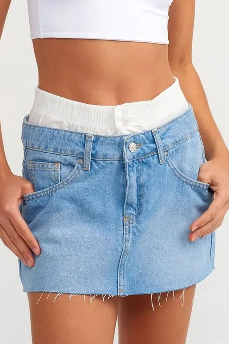 DILVIN Mid-Waist Destroyed Denim Mini Skirt