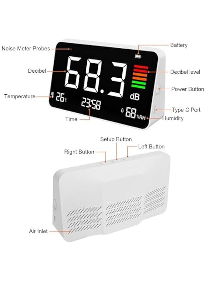 3 in 1 Decibel Meter, DM219N 30-130dBA LCD Display Noise Meter Desktop Sound Level Meter with Temperature & Humidity, 2000mAh Battery Powered for Classroom Studio Home