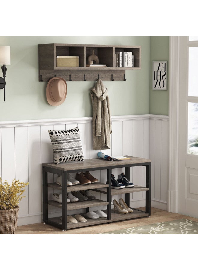 Tribesigns Industrial [Shoe] [Rack] [Bench] with Coat [Rack] Set with Hall Tree, 3 Storage Cubbies, 7 Hooks for Entryway, Hallway, 5-in-1Design, Rustic Brown - Image 1