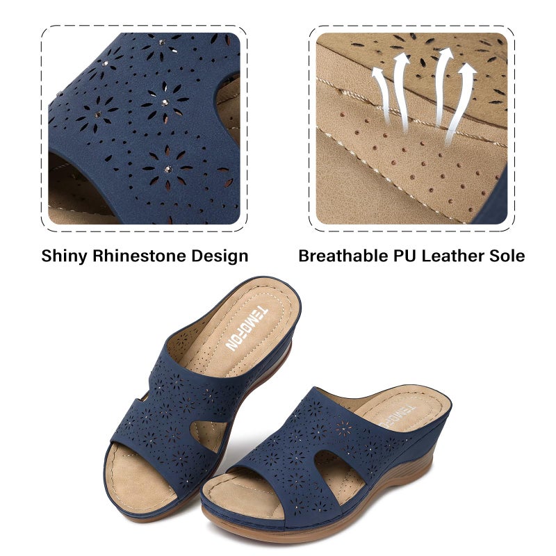 TEMOFON Women Wedge Sandals Dressy: Navy Blue Low Platform Sandal Size 8 Woman Wedge Slip on Wide Width Sandals Womens Casual Comfort Summer Shoes Leather - Image 4
