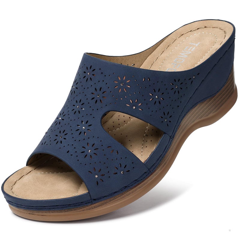TEMOFON Women Wedge Sandals Dressy: Navy Blue Low Platform Sandal Size 8 Woman Wedge Slip on Wide Width Sandals Womens Casual Comfort Summer Shoes Leather - Image 1