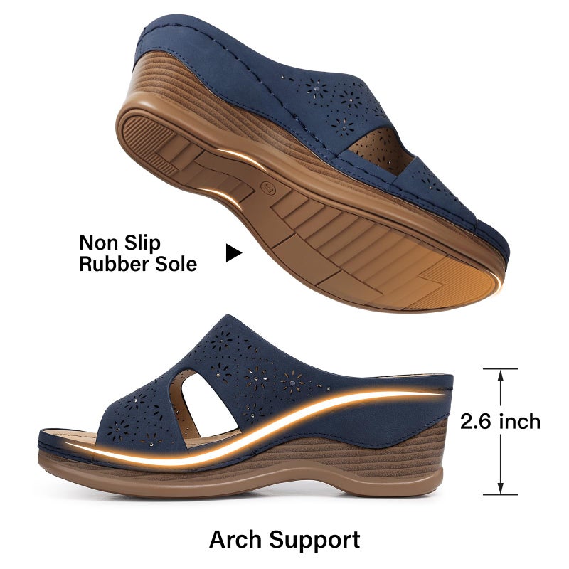 TEMOFON Women Wedge Sandals Dressy: Navy Blue Low Platform Sandal Size 8 Woman Wedge Slip on Wide Width Sandals Womens Casual Comfort Summer Shoes Leather - Image 5