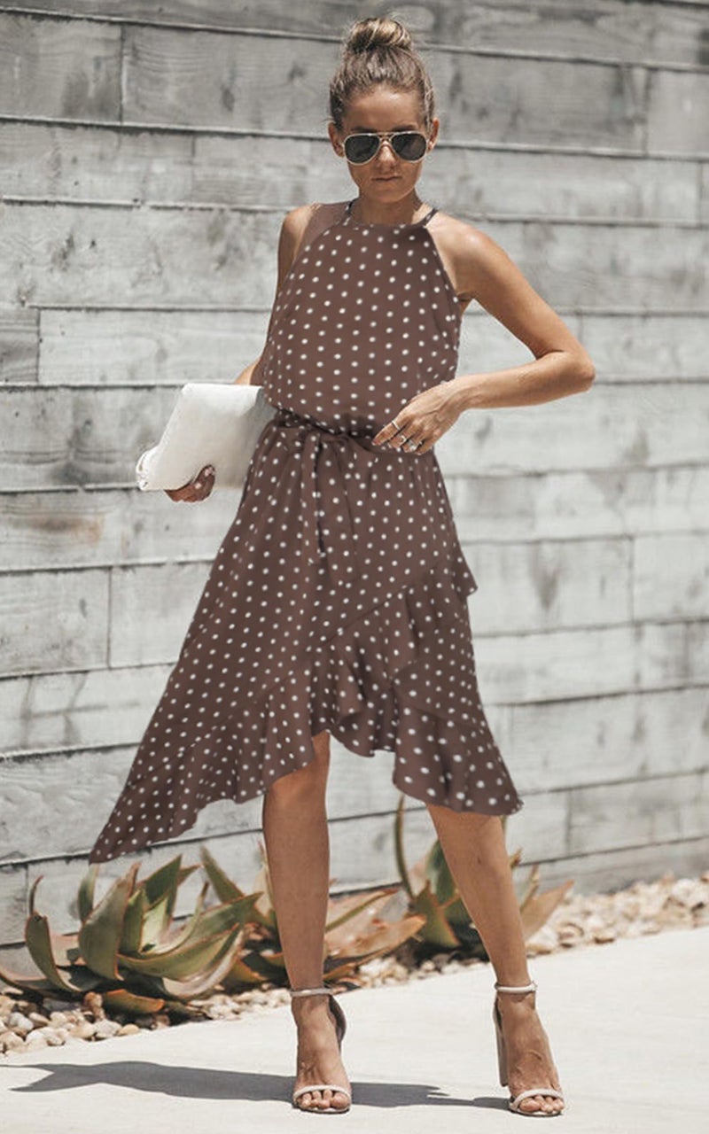 ECOWISH Polka Dot Womens Summer Dress Flowy Cute High Low Sleeveless Boho Criss Cross Halterneck Cocktail Midi Sundress 2025 Coffee Large - Image 4