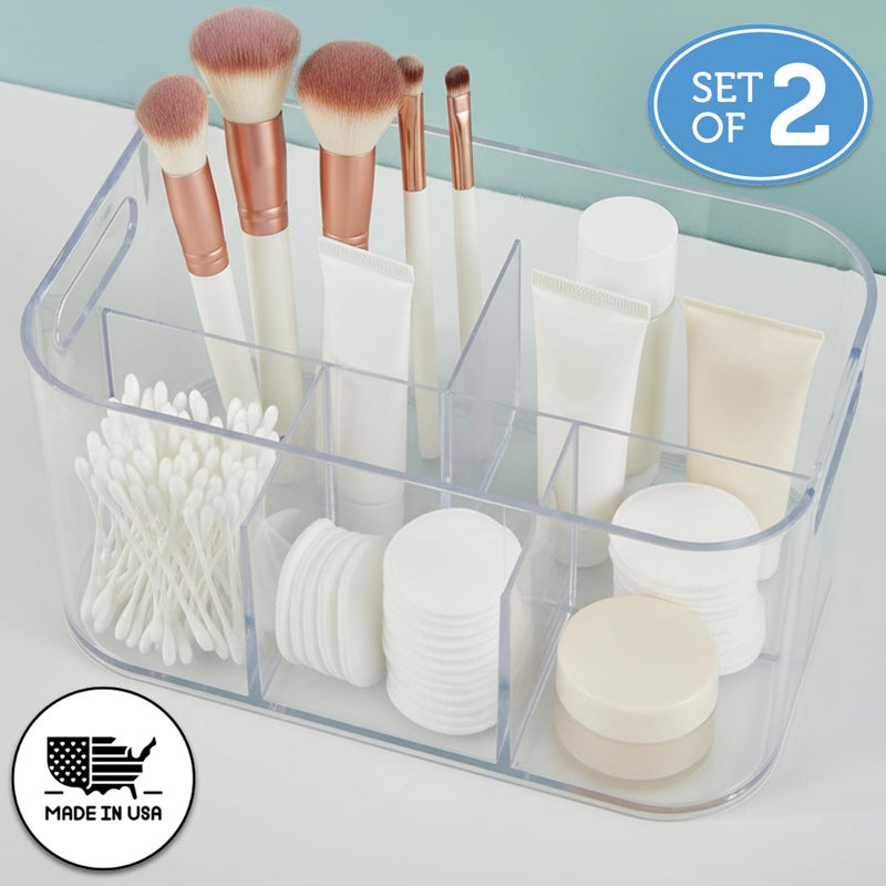STORi Bliss 5-Compartment Plastic Cosmetics Storage Organizer, Set of 2 | Clear | Rectangular Divided Makeup Bin & Vanity Caddy with Pass-Through Handles | Round Corner Design | Made in USA - Image 2