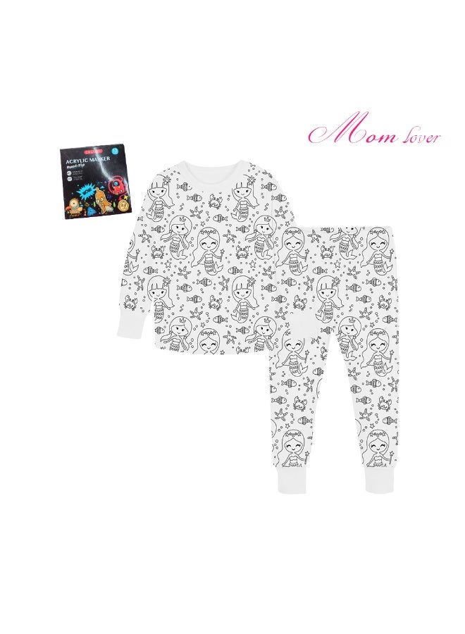 Mom lover Children's cotton cartoon graffiti pajama set with marker pen, DIY mermaid pattern colorful pajama set  - Image 2