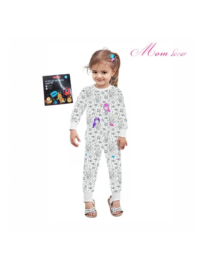 Mom lover Children's cotton cartoon graffiti pajama set with marker pen, DIY mermaid pattern colorful pajama set  - Image 1